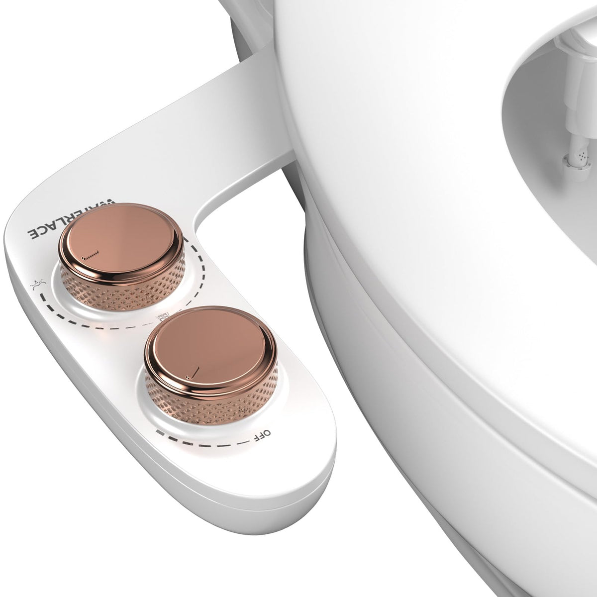 Waterlace bidet attachment rose gold front view showing slim profile for seamless toilet fit