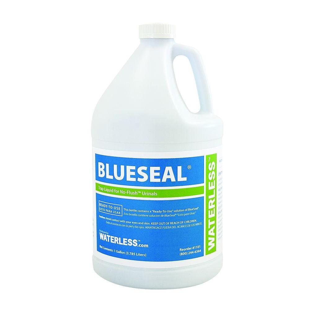 Waterless 1101 Blueseal urinal trap liquid bottle for odor control.