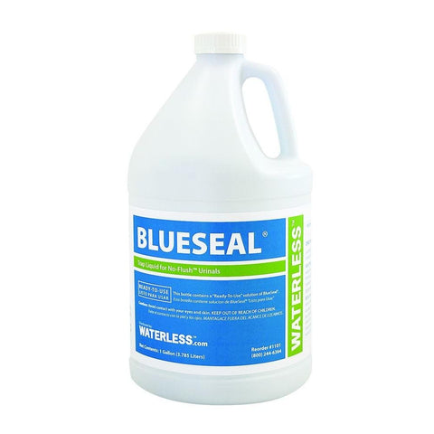 Waterless 1101 Blueseal urinal trap liquid bottle for odor control.