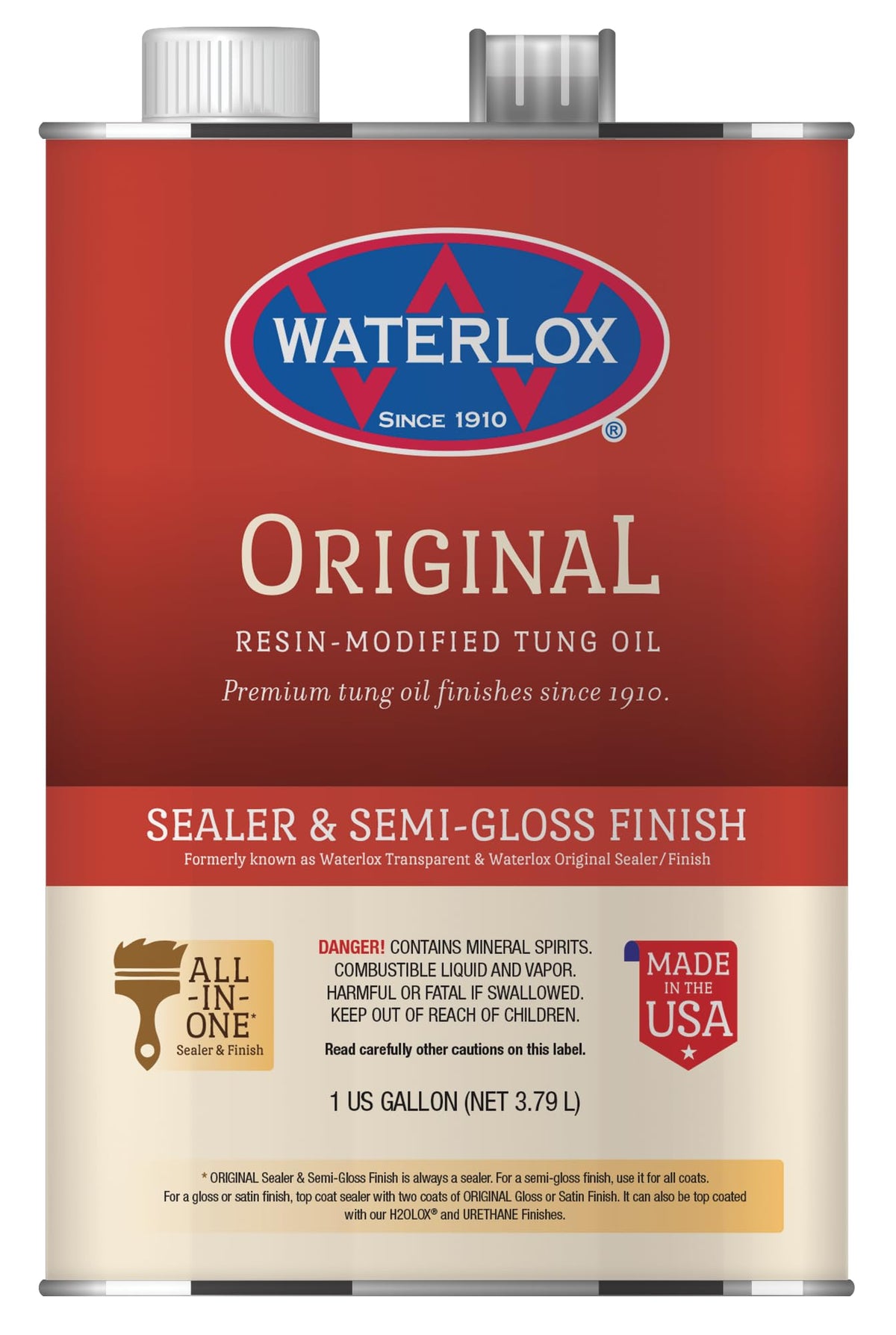 Waterlox Original Sealer and Finish 1 Gal bottle pour highlights long-lasting protection for wood surfaces.