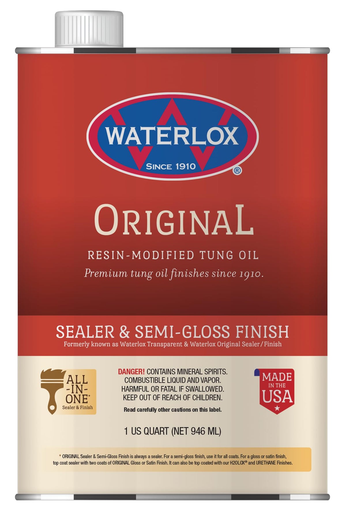 Waterlox Original Sealer and Finish bottle for interior wood projects, ideal for sealing and finishing.
