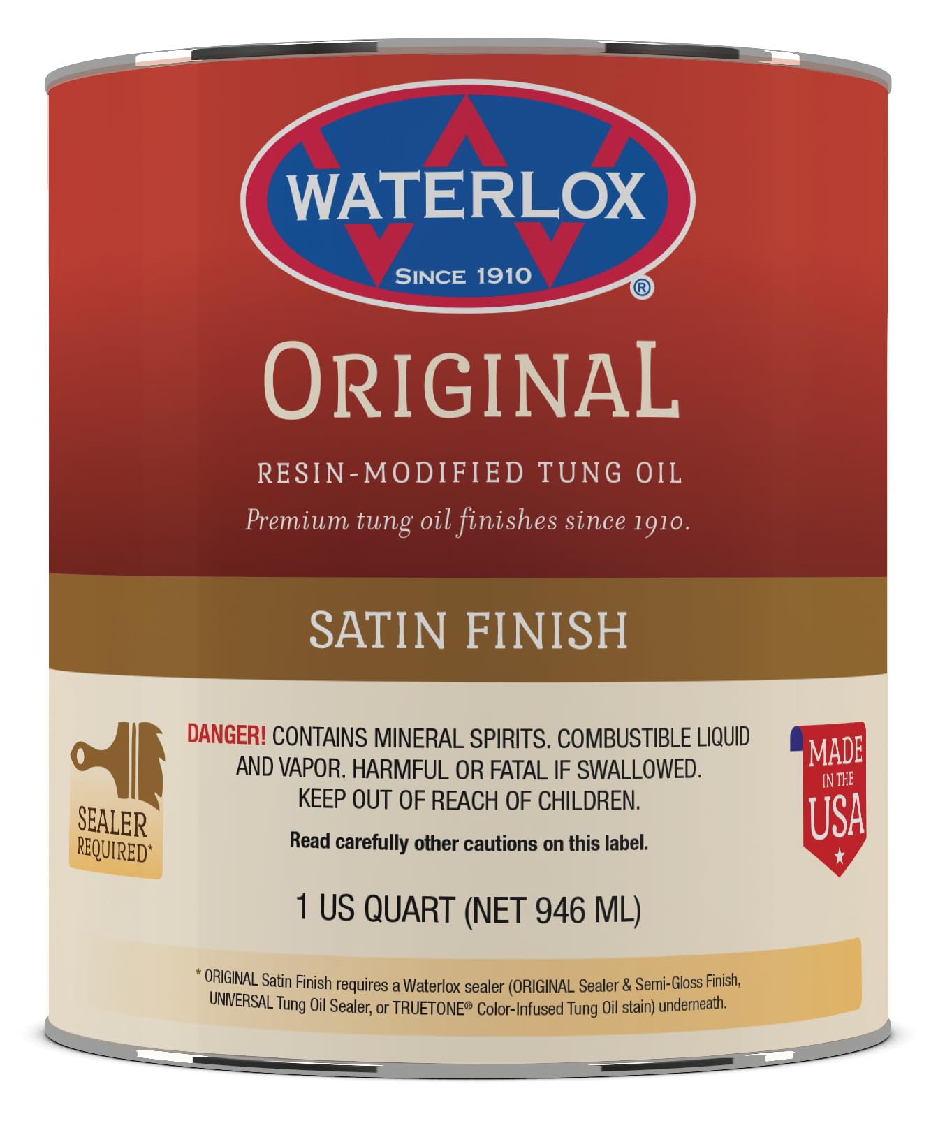 Waterlox TB 6044 Original Satin Finish bottle for interior wood protection with durable satin sheen.