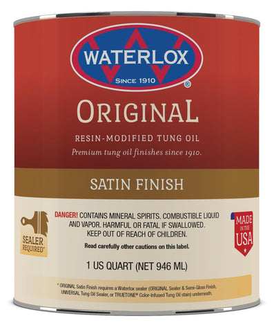 Waterlox TB 6044 Original Satin Finish bottle for interior wood protection with durable satin sheen.