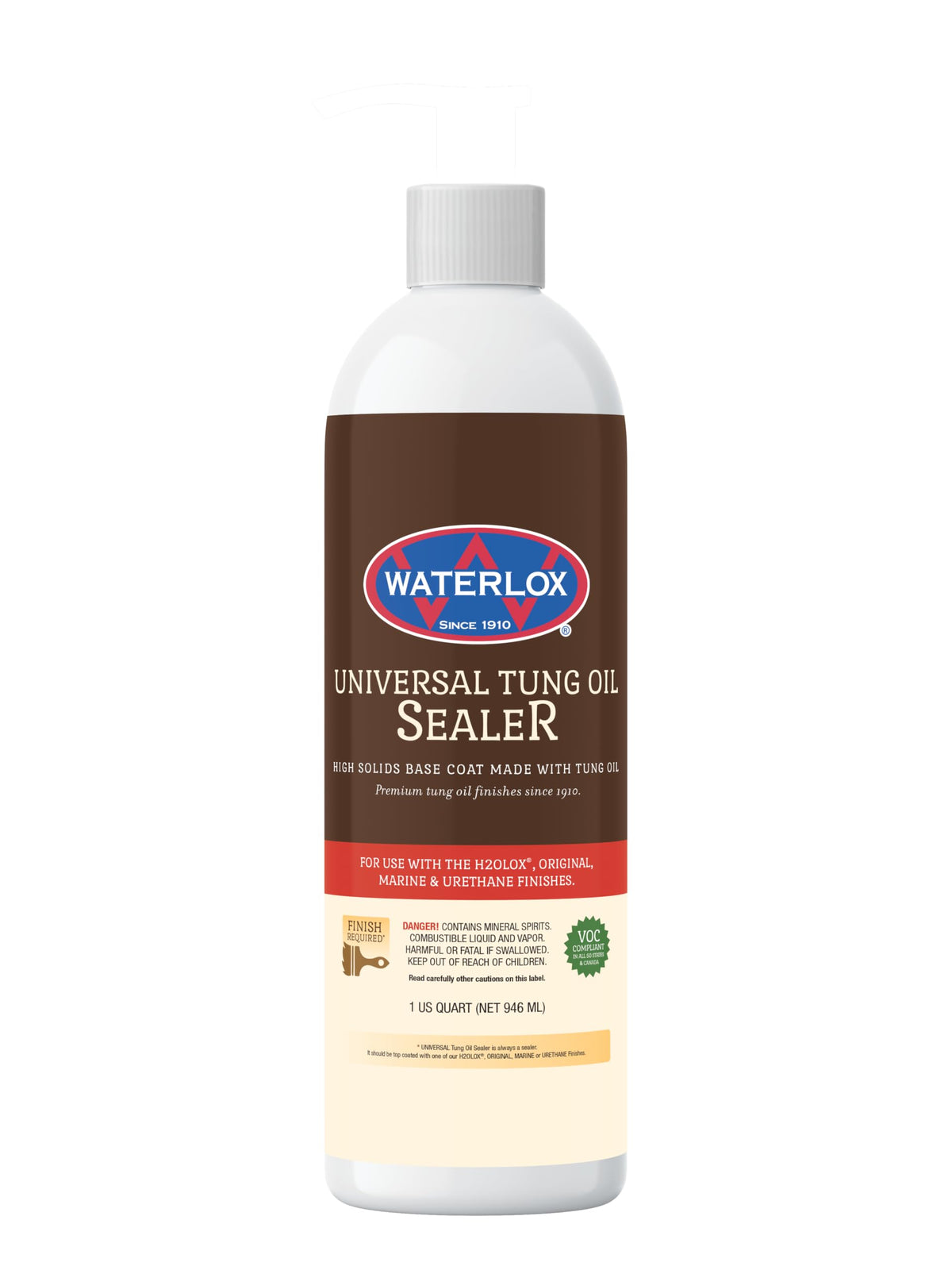 Waterlox Universal Tung Oil Sealer bottle shows durable base coat for wood projects.