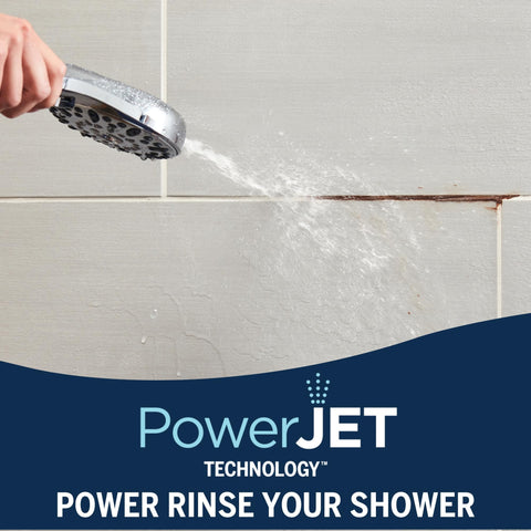 Six-foot hose from Waterpik ShowerClean Pro extends reach for cleaning.
