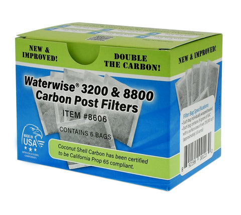 Waterwise post-filter bags six-pack box, ready for quick, clean water filtration maintenance.
