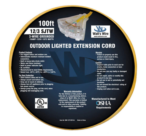 Watts Wire grounded outdoor extension cord with three outlets for multiple devices.