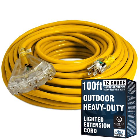 Watts Wire 100ft waterproof outdoor extension cord with lighted outlets for safe outdoor use.