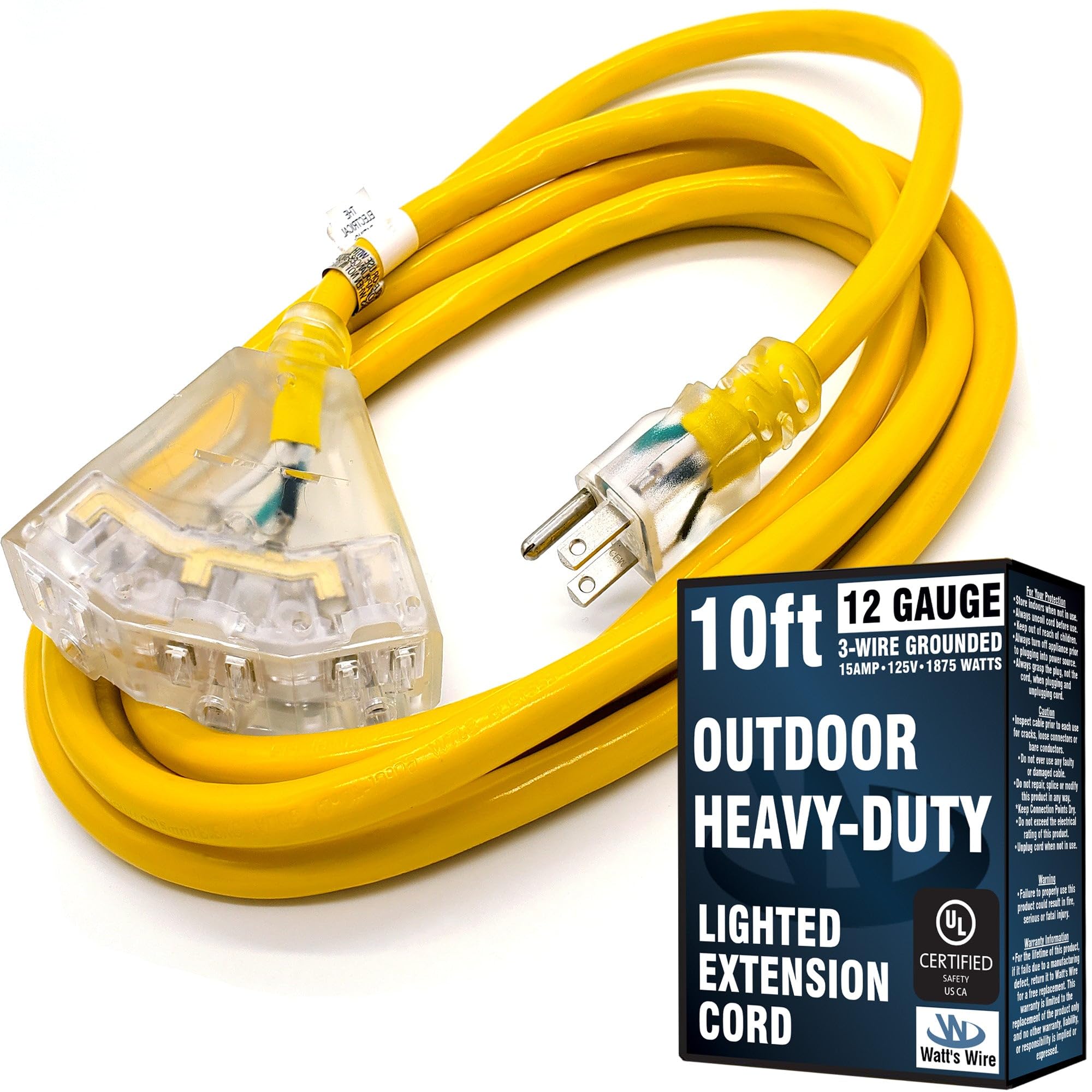 Watt's Wire 10ft outdoor extension cord in bright yellow for high visibility outdoors.