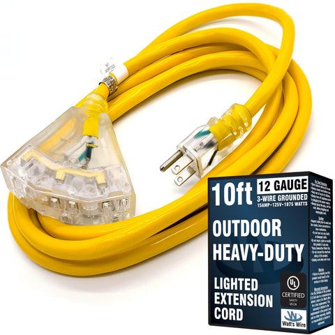 Watt's Wire 10ft outdoor extension cord in bright yellow for high visibility outdoors.
