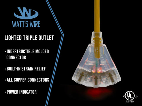 Watts Wire 12/3 15A outdoor extension cord with multiple outlets for tools and chargers.
