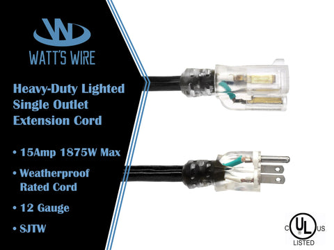 Watt's Wire 12ga heavy-duty extension cord delivering steady power outdoors