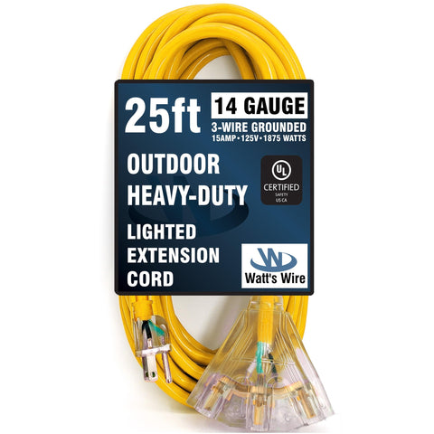 Watt's Wire 25ft outdoor extension cord closeup showing rugged jacket.