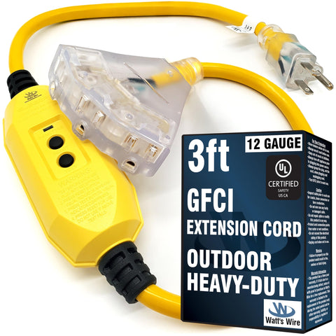 Watts Wire 3ft GFCI extension cord outdoors, waterproof for tools and lights.
