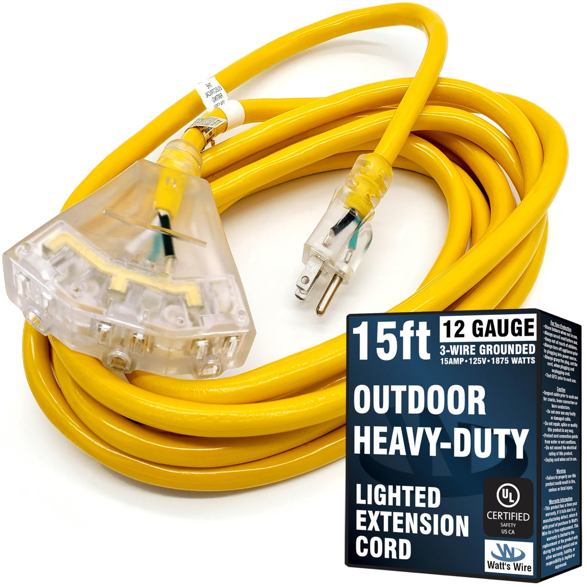 Watts Wire outdoor extension cord 15ft waterproof for weather-resistant power outdoors.