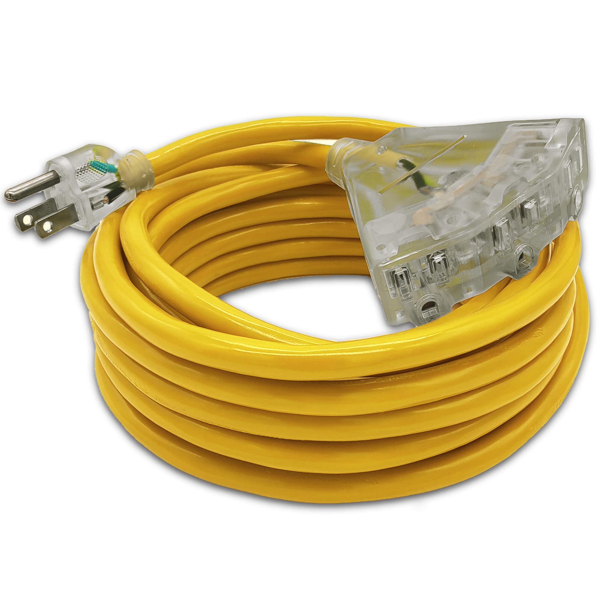 Watt's Wire outdoor extension cord with three outlets and illuminated triple tap.