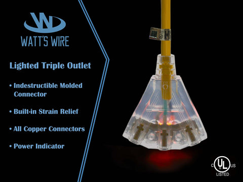 Watt's Wire outdoor extension cord used with tools and generators for reliable power.