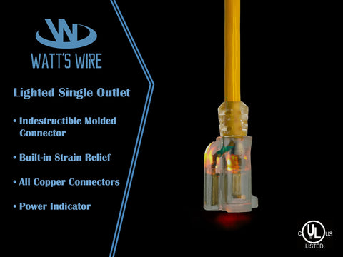 Watts Wire yellow visibility outdoor extension cord helps locate it quickly on outdoor jobs.