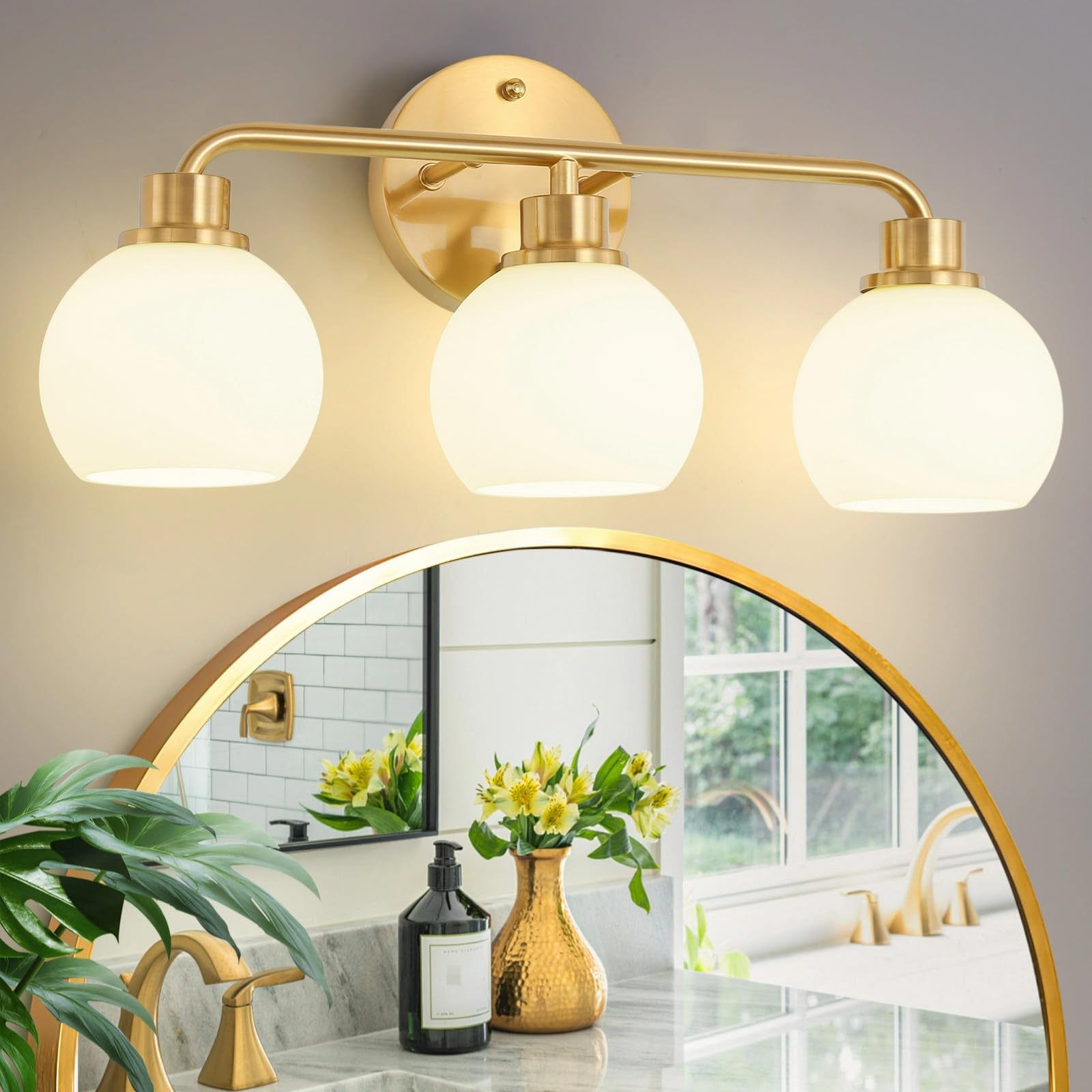 Watyo 3-light bathroom sconce with milk-glass shades diffuses light softly