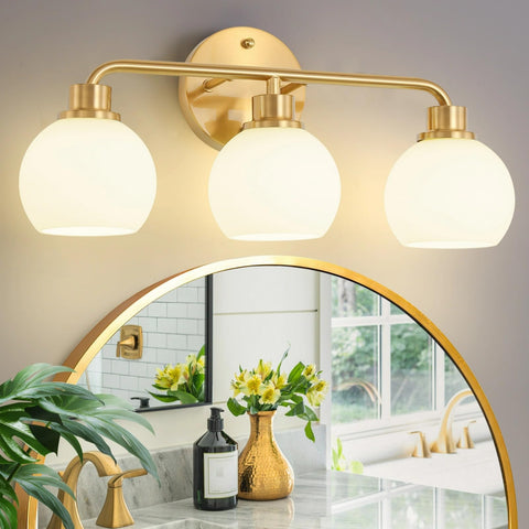 Watyo 3-light bathroom sconce with milk-glass shades diffuses light softly