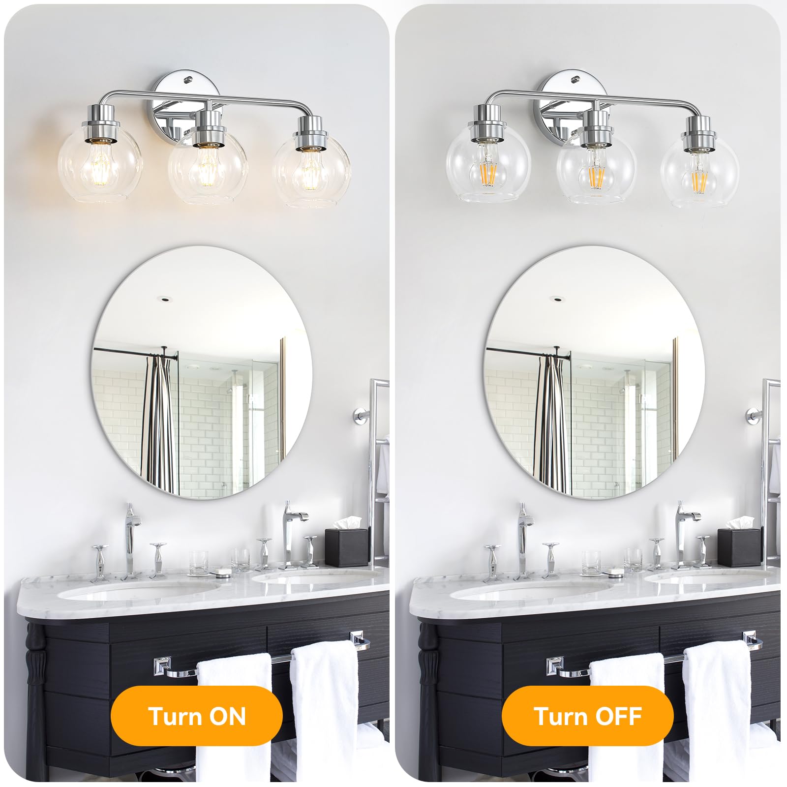 Watyo chrome vanity light with globe shades for bright, even illumination