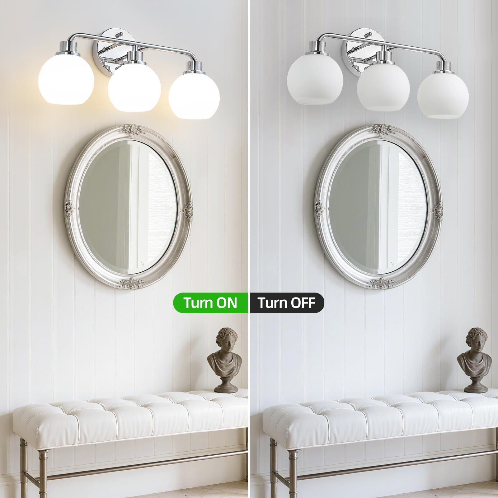 Watyo vanity light installed up or down for versatile styling.