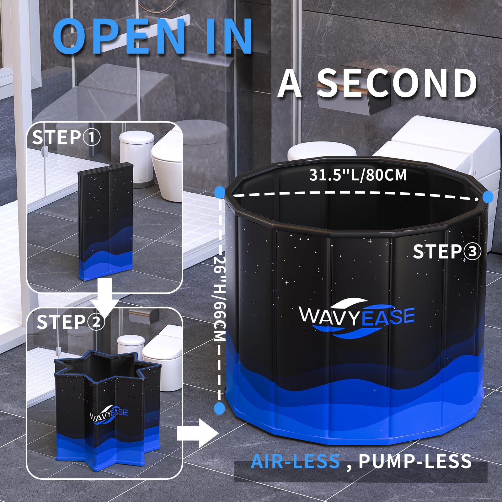 WAVYEASE Portable Bath Tub offers ample 31.5 by 26 inch soaking space for adults.