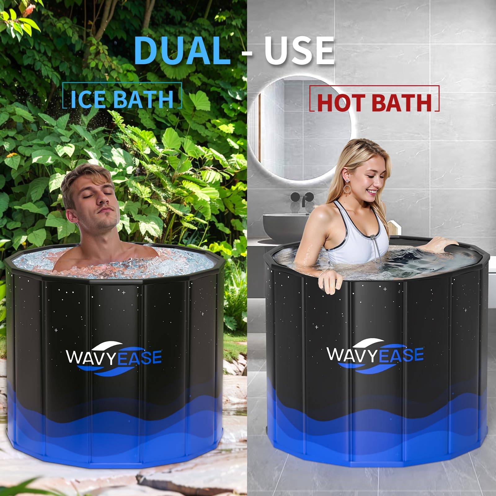 WAVYEASE dual-use tub supports cold ice bath and soothing hot soak for recovery.