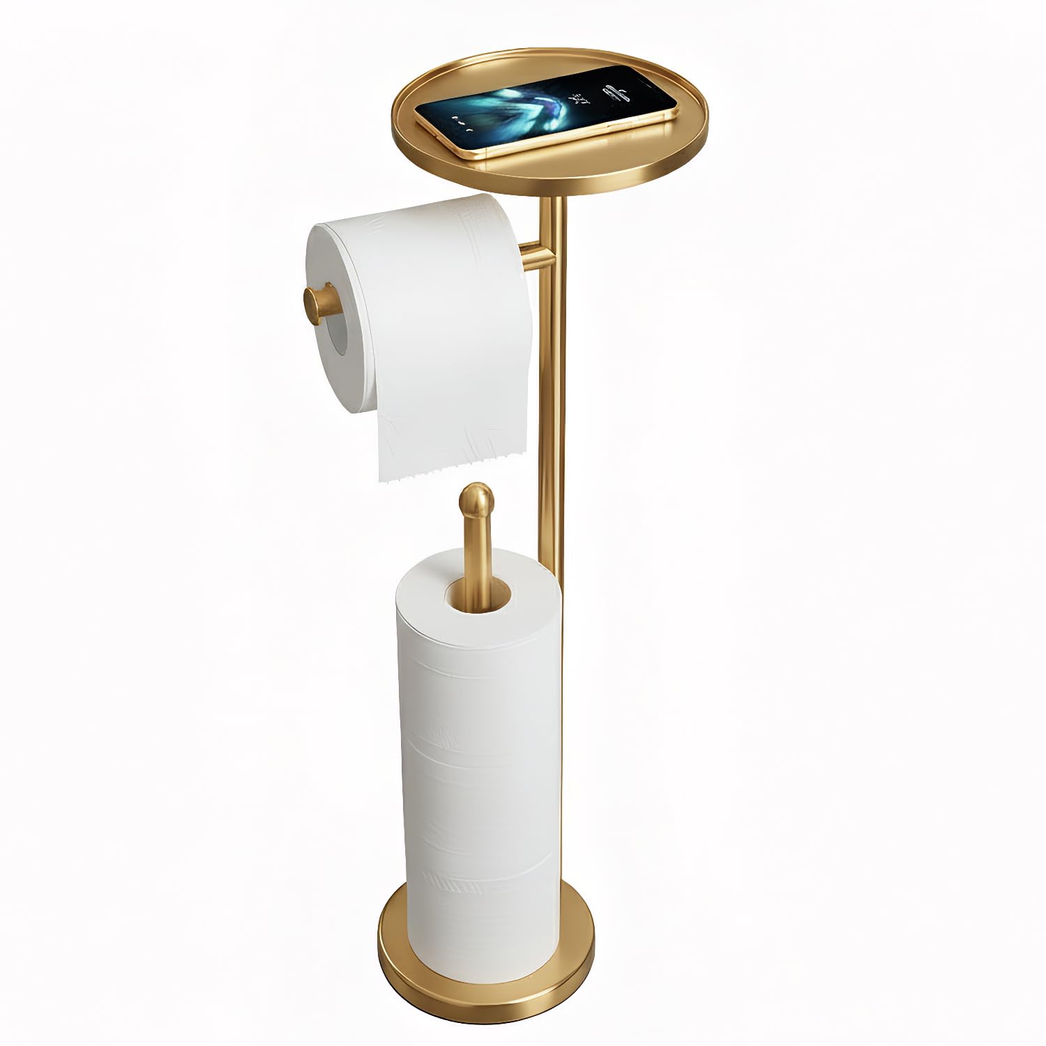 WAYDELI gold toilet paper holder with shelf front view highlights durable construction and convenient storage