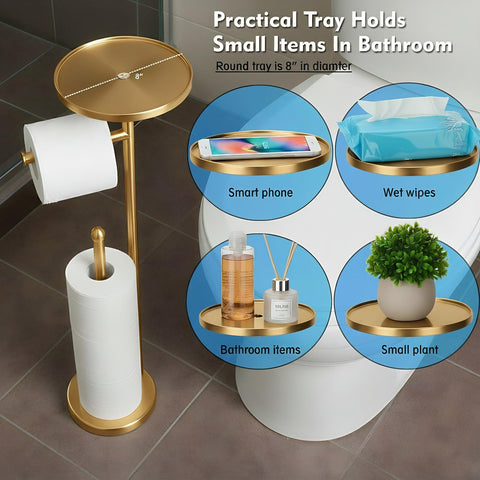 WAYDELI gold toilet paper holder with shelf storage base demonstrates capacity for four extra rolls