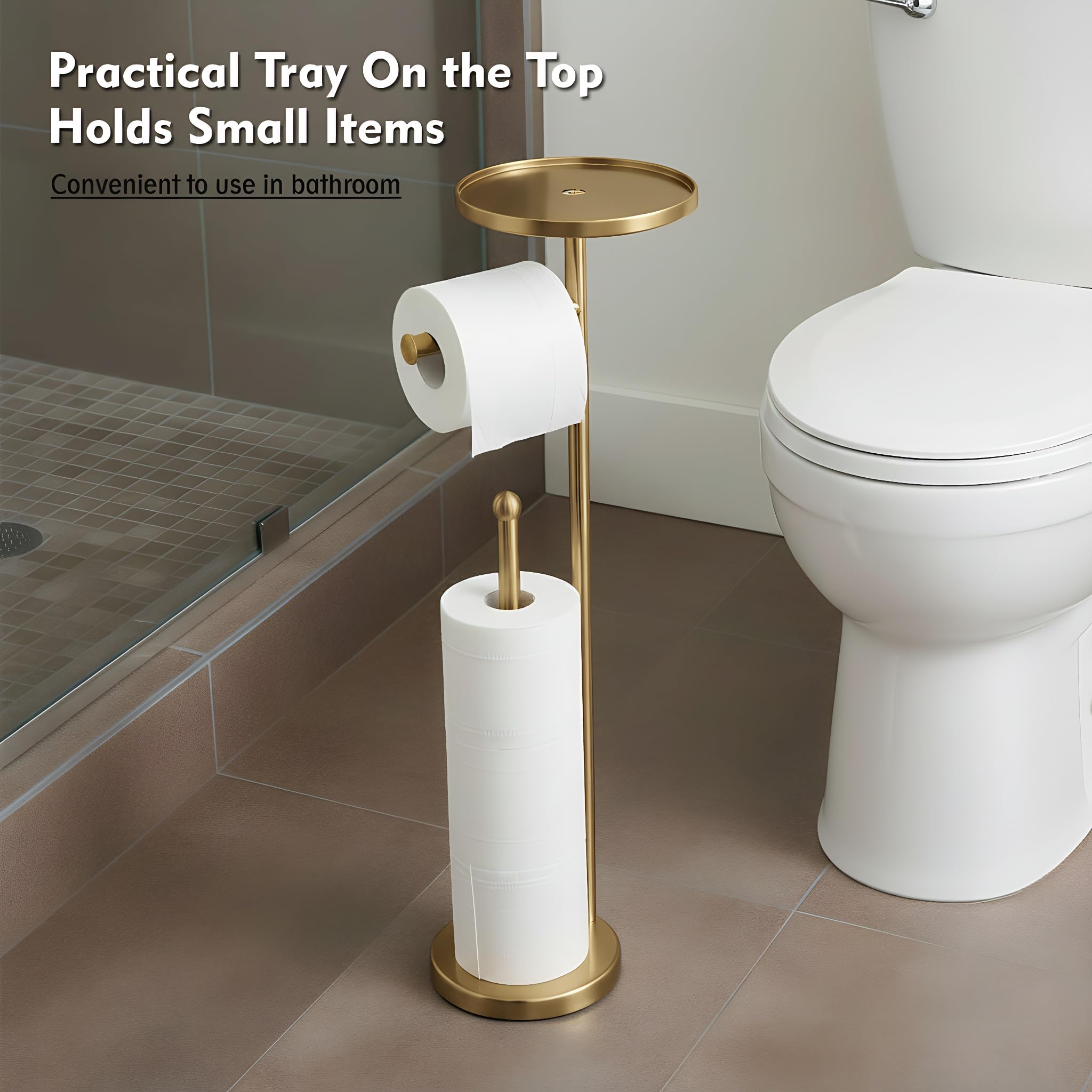 WAYDELI gold toilet paper holder with shelf top tray shows easy access to small items
