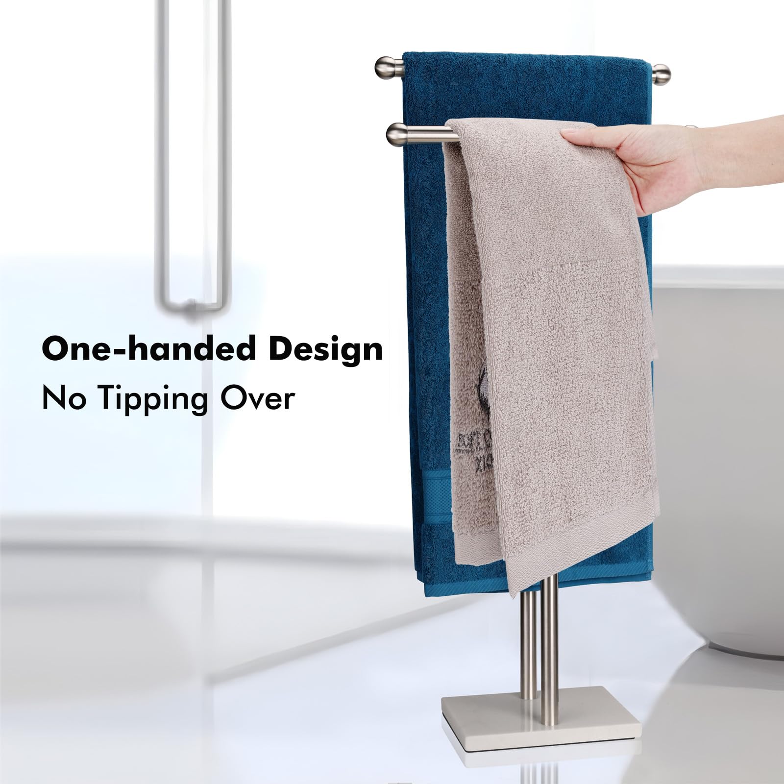 WAYDELI brushed nickel finish on tall rack complements modern bathrooms