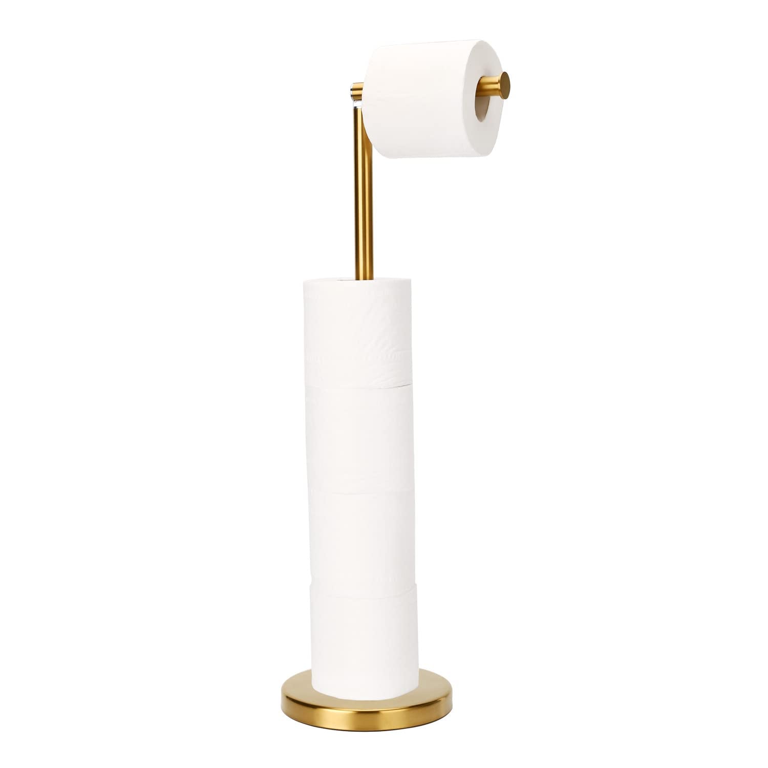 Waydeli gold toilet paper holder front view demonstrates freestanding convenience