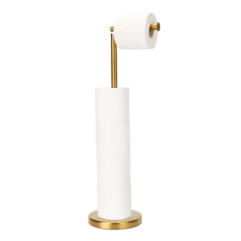 Waydeli gold toilet paper holder front view demonstrates freestanding convenience