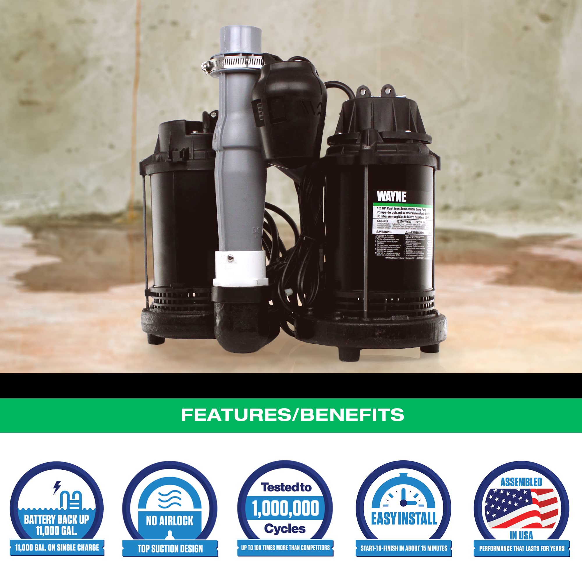 Wayne preassembled sump pump system ready for drop-in use