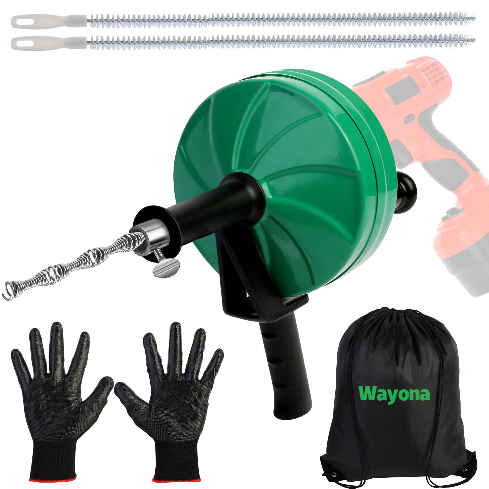 Wayona Drain Snake 50 ft with drill attachment clearing a kitchen sink drain
