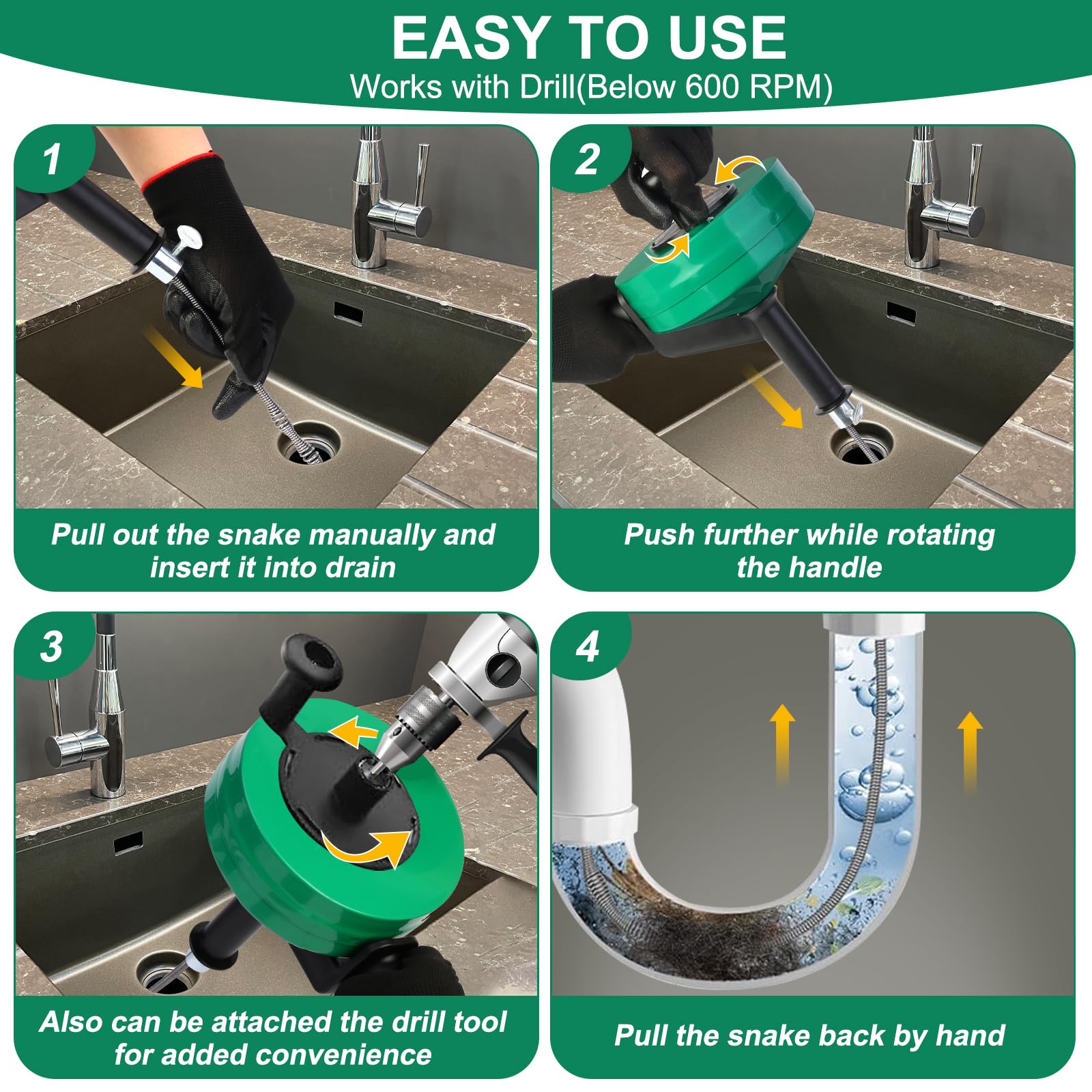 72A carbon steel cable provides bendable strength to reach clogged pipes