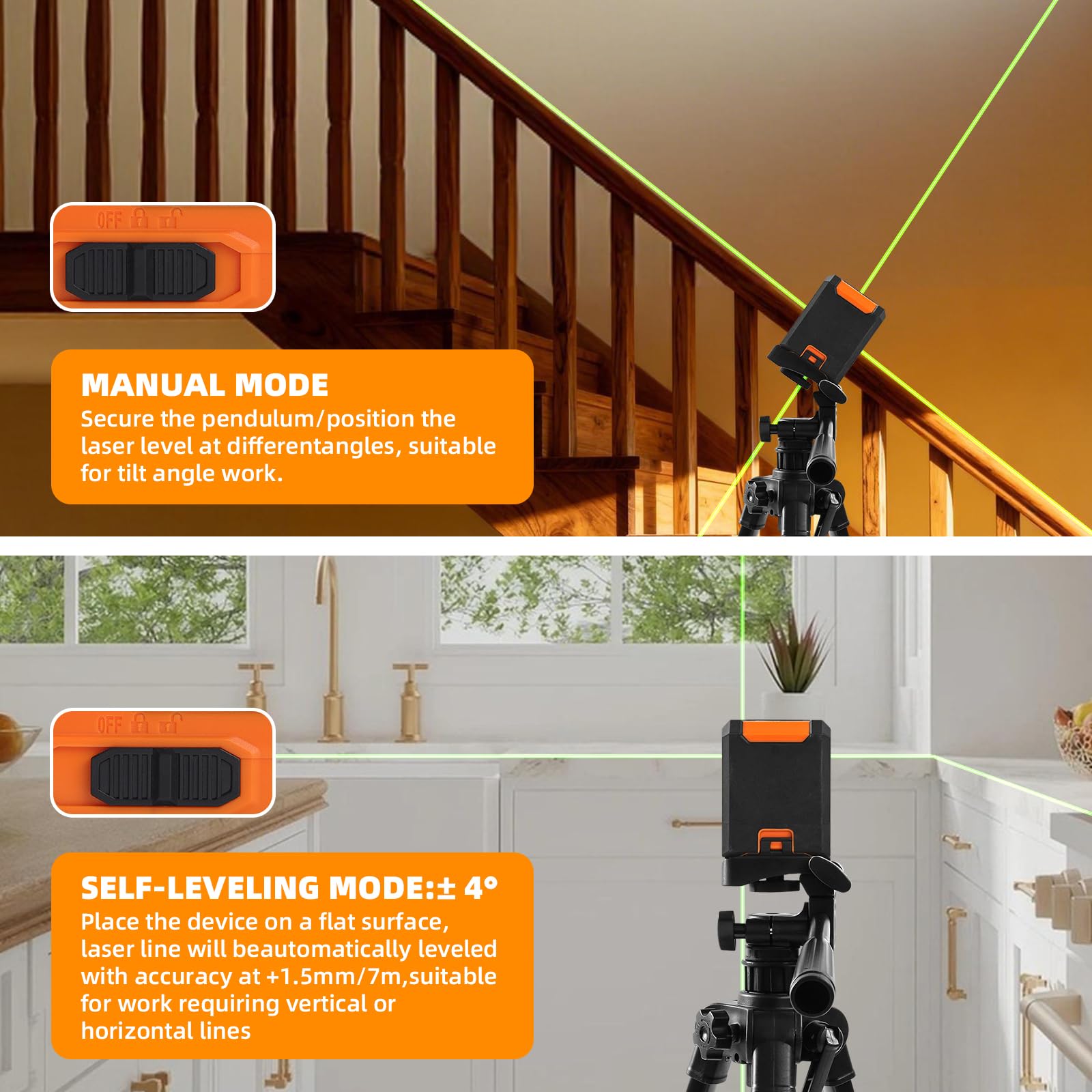 WBE laser level emits a bright green beam for clear workspace visibility