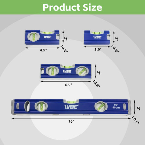 WBE torpedo level big bubbles provide easy readability on 16-inch level.