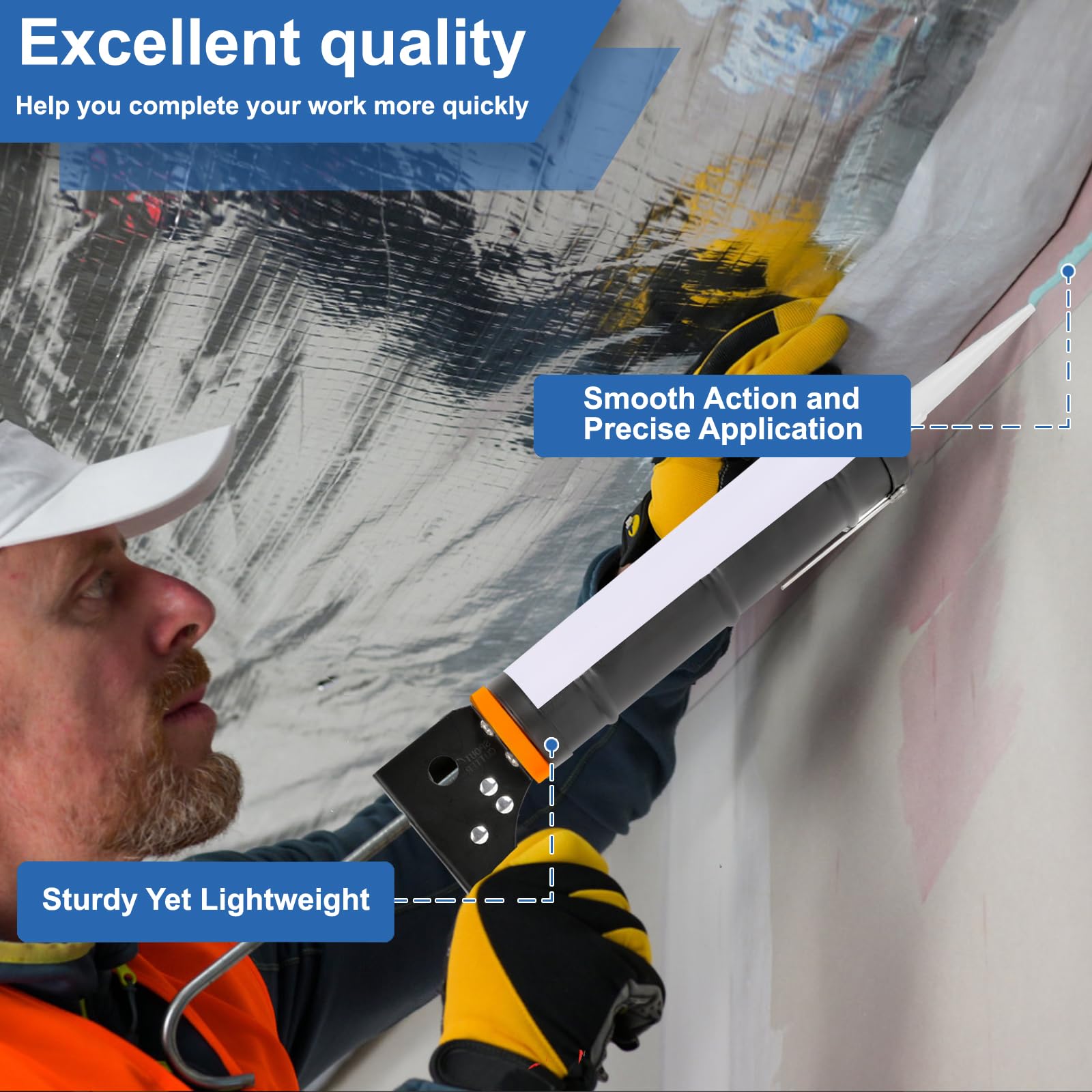 WBHWW caulk gun with through-needle demonstrates clog-free application.