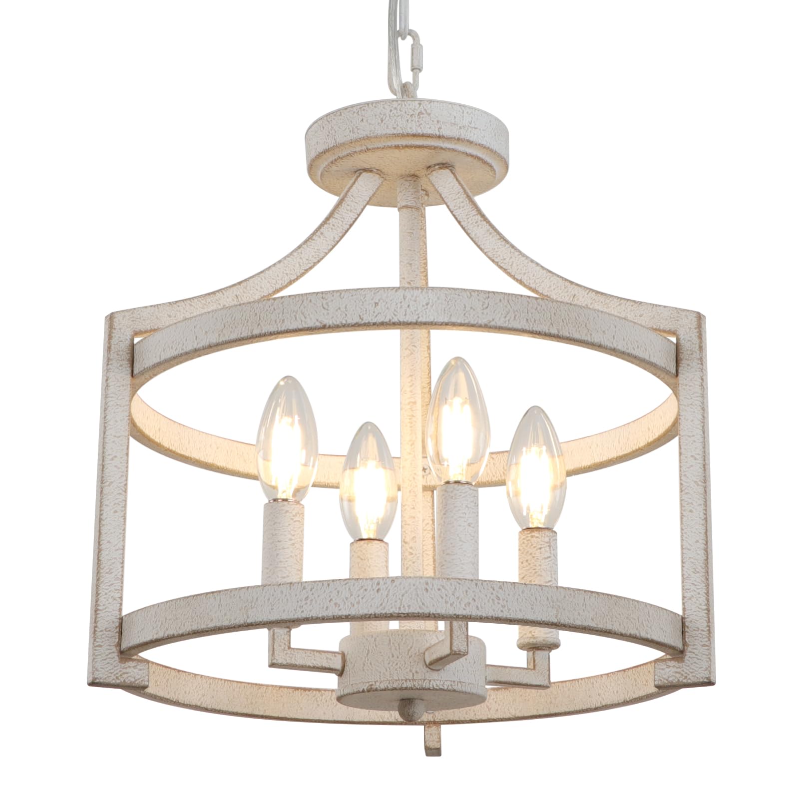 WBinDX 4-Light Farmhouse Chandelier in distressed white above dining table, warm rustic ambiance