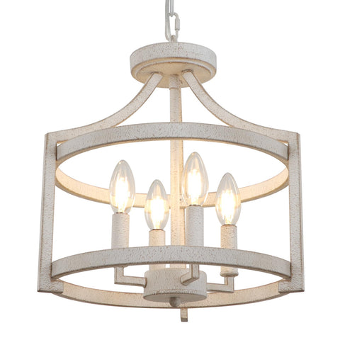 WBinDX 4-Light Farmhouse Chandelier in distressed white above dining table, warm rustic ambiance