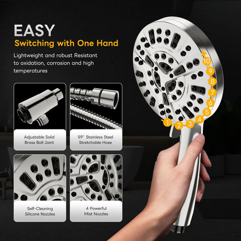 WCQQ 10-mode shower head settings offer customizable massaging spray patterns