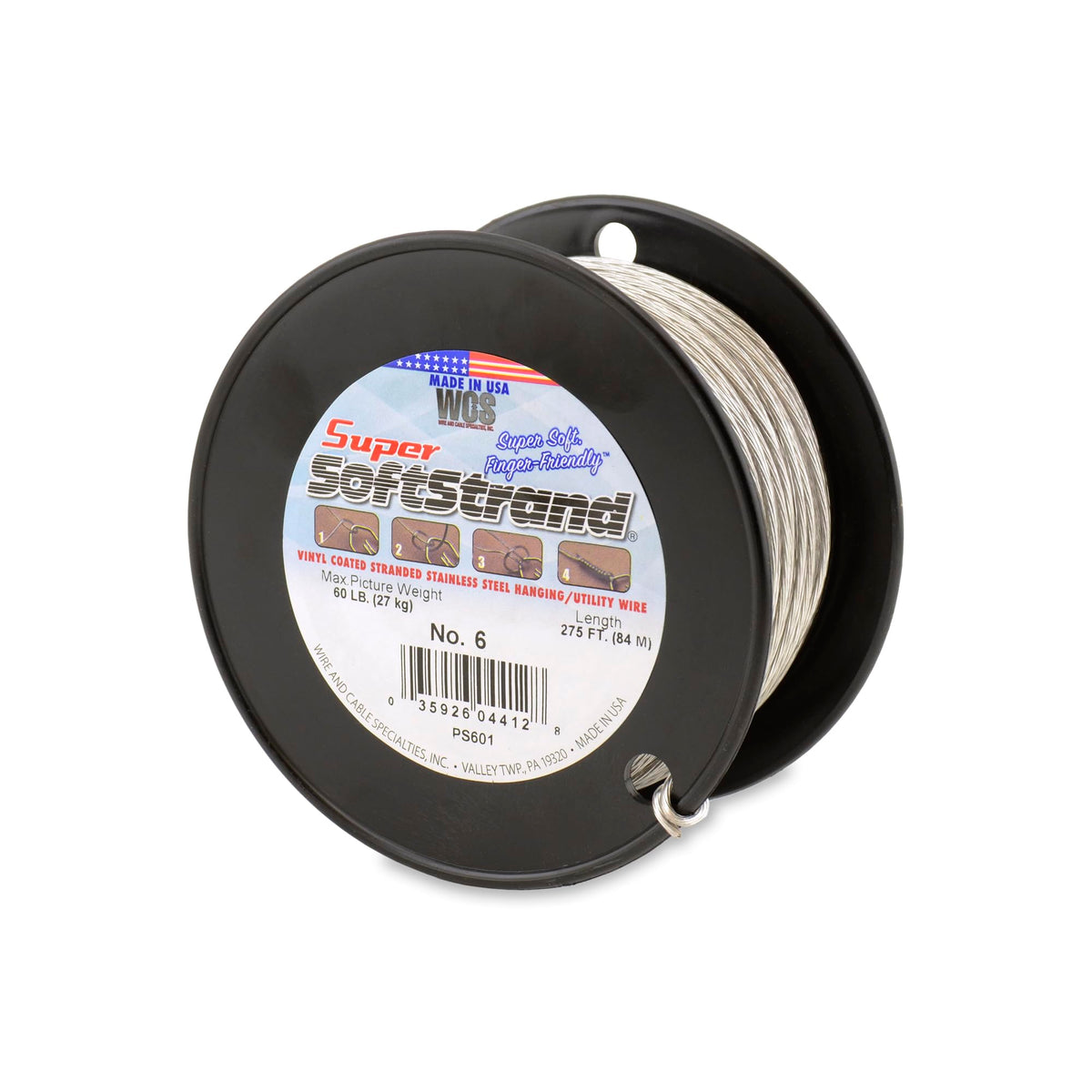 WCS Super Softstrand wire wrap closeup with vinyl coating for safe picture hanging.