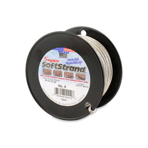 WCS Super Softstrand wire wrap closeup with vinyl coating for safe picture hanging.