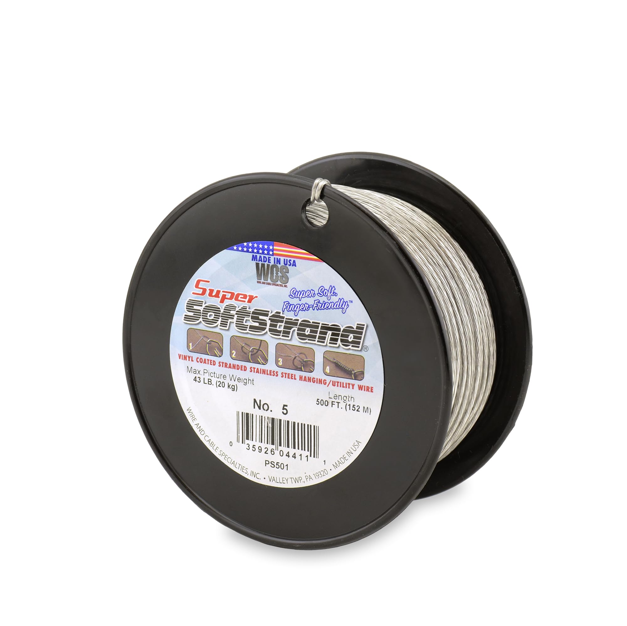 WCS SuperSoftstrand vinyl-coated wire for picture framing with durable corrosion resistance.
