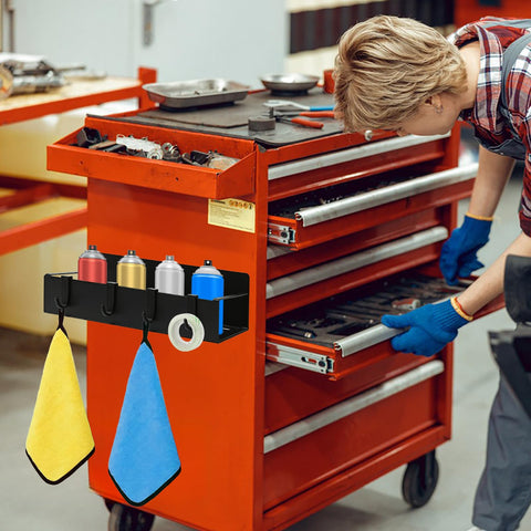 WDBG garage workspace magnet storage keeps tools and cans within reach.