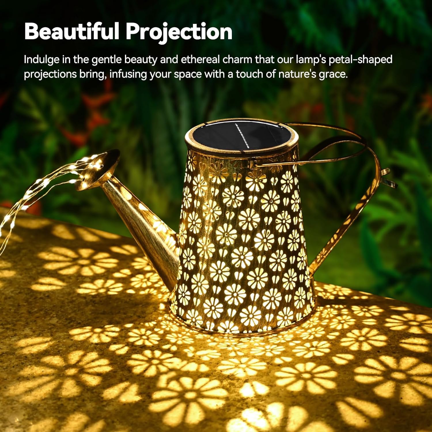 WDLFCGC solar watering can light casts ground patterns for romantic outdoor evenings.