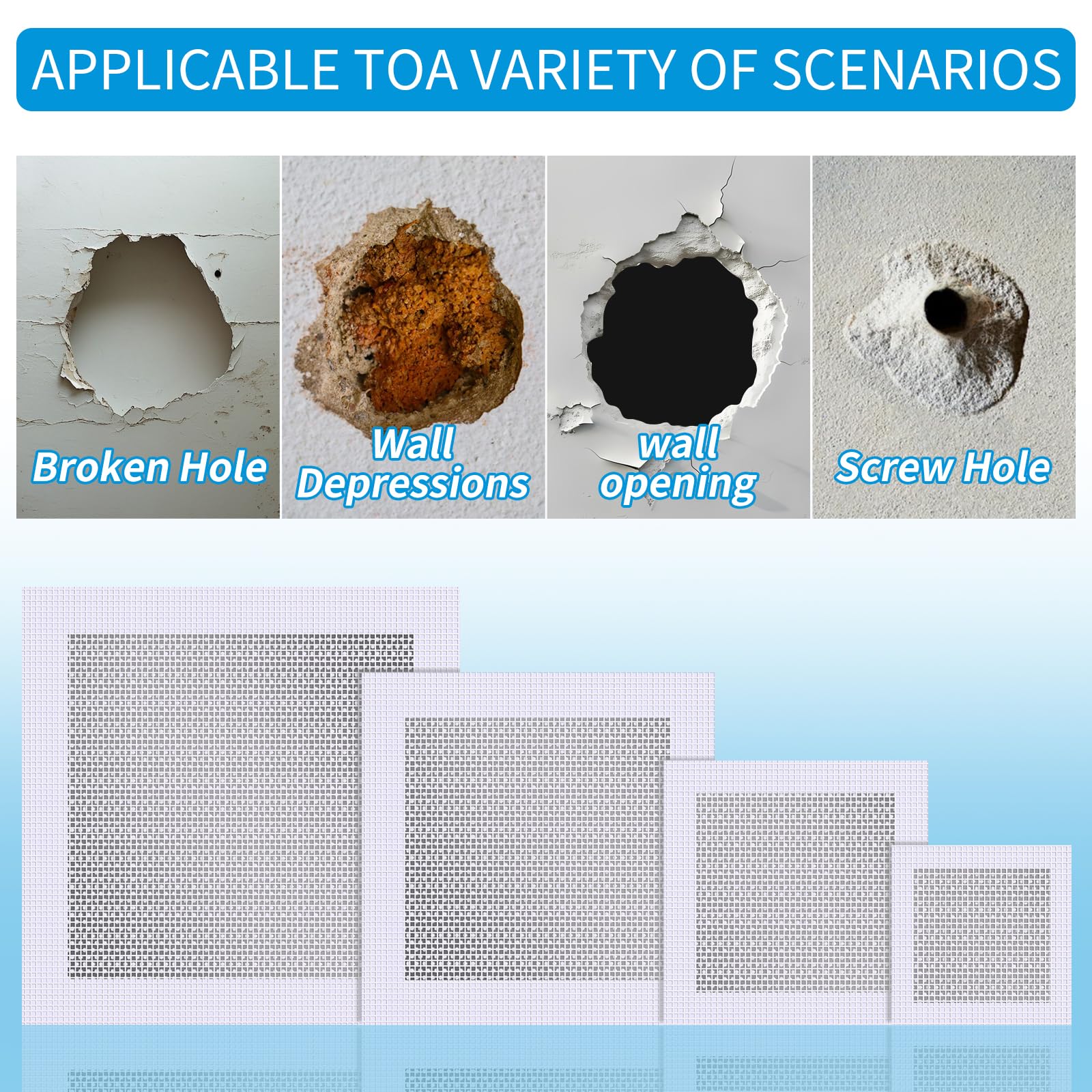 WDSHCR aluminum patch backing with extended self-adhesive mesh for plaster prep.
