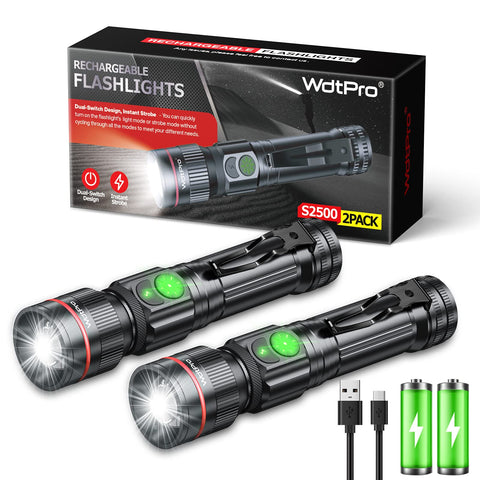 WdtPro 2-pack flashlights with clip and zoomable beam for camping.